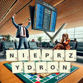 Creative illustration for a Scrabble game with the word NIEPRZYDRON spelled out in tiles on the board.