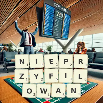 Creative illustration for a Scrabble game with the word NIEPRZYFILOWAN spelled out in tiles on the board.