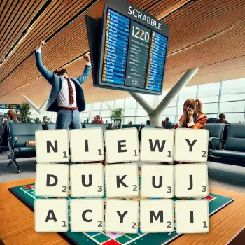 Creative illustration for a Scrabble game with the word NIEWYDUKUJACYMI spelled out in tiles on the board.