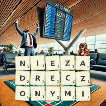 Creative illustration for a Scrabble game with the word NIEZADRECZONYMI spelled out in tiles on the board.