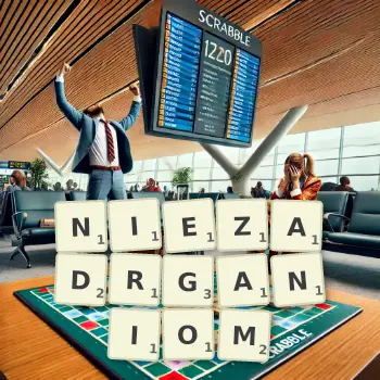 Creative illustration for a Scrabble game with the word NIEZADRGANIOM spelled out in tiles on the board.
