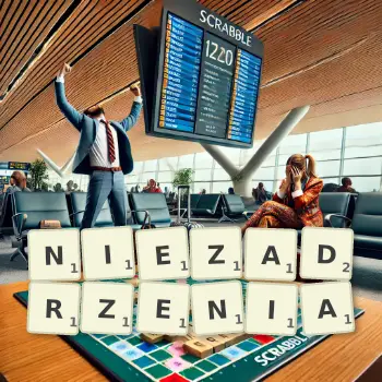 Creative illustration for a Scrabble game with the word NIEZADRZENIA spelled out in tiles on the board.