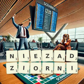 Creative illustration for a Scrabble game with the word NIEZADZIORNI spelled out in tiles on the board.