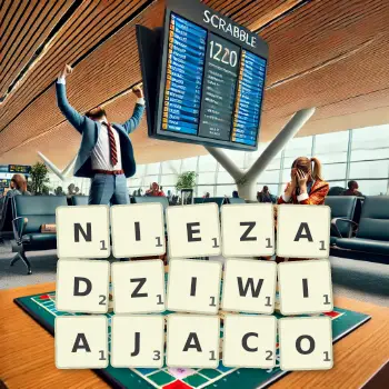 Creative illustration for a Scrabble game with the word NIEZADZIWIAJACO spelled out in tiles on the board.