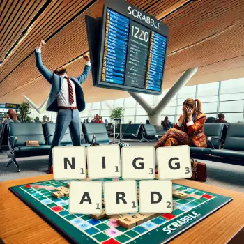 Creative illustration for a Scrabble game with the word NIGGARD spelled out in tiles on the board.