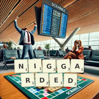 Creative illustration for a Scrabble game with the word NIGGARDED spelled out in tiles on the board.