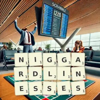 Creative illustration for a Scrabble game with the word NIGGARDLINESSES spelled out in tiles on the board.