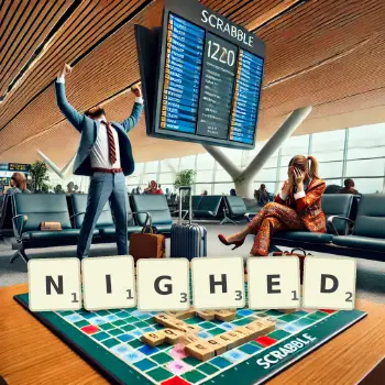 Creative illustration for a Scrabble game with the word NIGHED spelled out in tiles on the board.