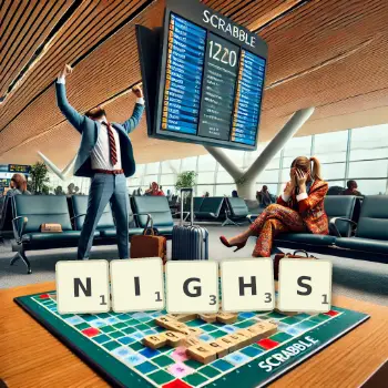 Creative illustration for a Scrabble game with the word NIGHS spelled out in tiles on the board.