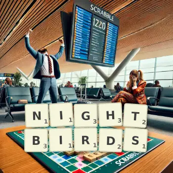 Creative illustration for a Scrabble game with the word NIGHTBIRDS spelled out in tiles on the board.