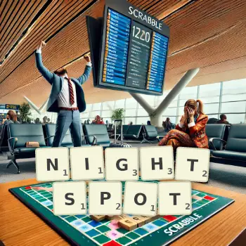 Creative illustration for a Scrabble game with the word NIGHTSPOT spelled out in tiles on the board.