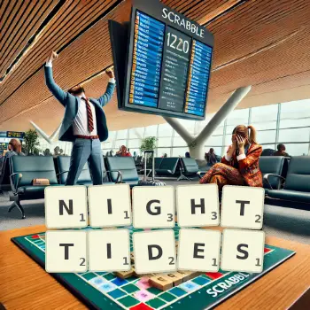 Creative illustration for a Scrabble game with the word NIGHTTIDES spelled out in tiles on the board.