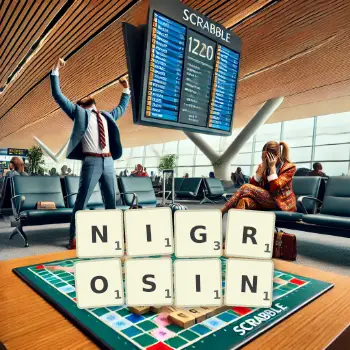 Creative illustration for a Scrabble game with the word NIGROSIN spelled out in tiles on the board.