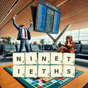 Creative illustration for a Scrabble game with the word NINETIETHS spelled out in tiles on the board.