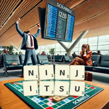 Creative illustration for a Scrabble game with the word NINJITSU spelled out in tiles on the board.