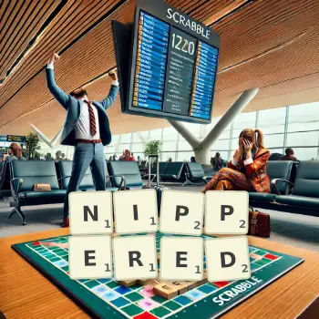 Creative illustration for a Scrabble game with the word NIPPERED spelled out in tiles on the board.