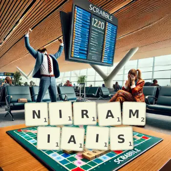 Creative illustration for a Scrabble game with the word NIRAMIAIS spelled out in tiles on the board.