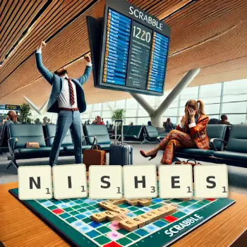 Creative illustration for a Scrabble game with the word NISHES spelled out in tiles on the board.