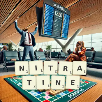 Creative illustration for a Scrabble game with the word NITRATINE spelled out in tiles on the board.