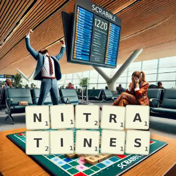 Creative illustration for a Scrabble game with the word NITRATINES spelled out in tiles on the board.