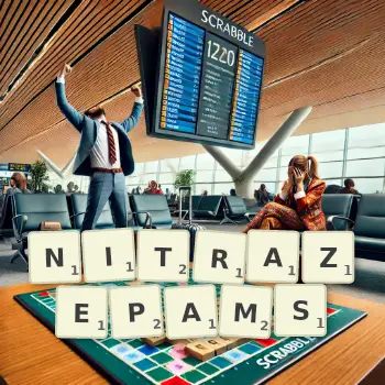 Creative illustration for a Scrabble game with the word NITRAZEPAMS spelled out in tiles on the board.