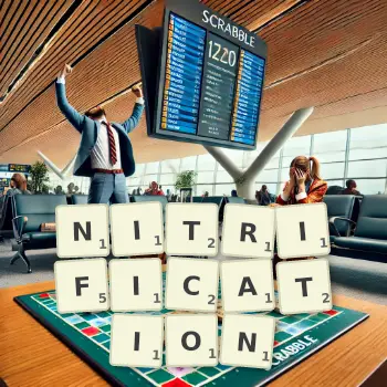 Creative illustration for a Scrabble game with the word NITRIFICATION spelled out in tiles on the board.