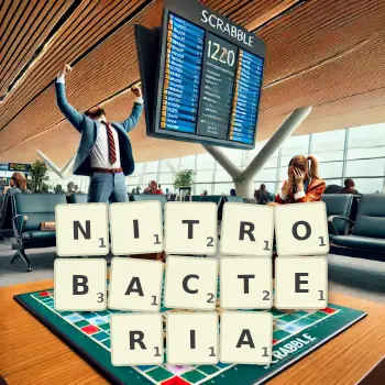 Creative illustration for a Scrabble game with the word NITROBACTERIA spelled out in tiles on the board.