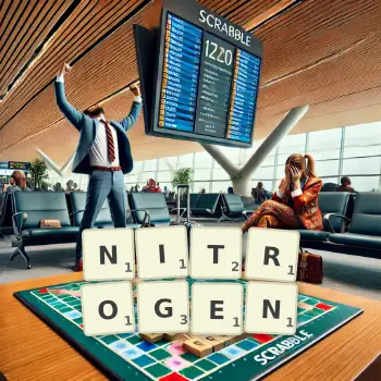 Creative illustration for a Scrabble game with the word NITROGEN spelled out in tiles on the board.