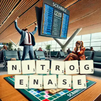 Creative illustration for a Scrabble game with the word NITROGENASE spelled out in tiles on the board.