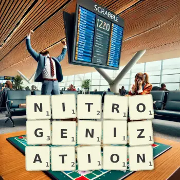 Creative illustration for a Scrabble game with the word NITROGENIZATION spelled out in tiles on the board.