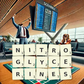 Creative illustration for a Scrabble game with the word NITROGLYCERINES spelled out in tiles on the board.