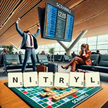Creative illustration for a Scrabble game with the word NITRYL spelled out in tiles on the board.