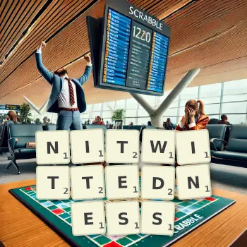 Creative illustration for a Scrabble game with the word NITWITTEDNESS spelled out in tiles on the board.