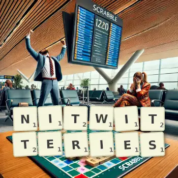 Creative illustration for a Scrabble game with the word NITWITTERIES spelled out in tiles on the board.