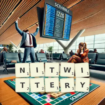 Creative illustration for a Scrabble game with the word NITWITTERY spelled out in tiles on the board.