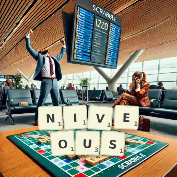 Creative illustration for a Scrabble game with the word NIVEOUS spelled out in tiles on the board.
