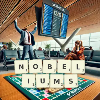 Creative illustration for a Scrabble game with the word NOBELIUMS spelled out in tiles on the board.