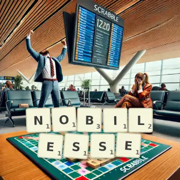 Creative illustration for a Scrabble game with the word NOBILESSE spelled out in tiles on the board.