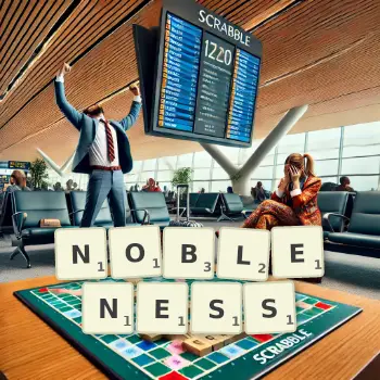 Creative illustration for a Scrabble game with the word NOBLENESS spelled out in tiles on the board.