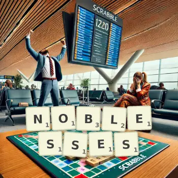 Creative illustration for a Scrabble game with the word NOBLESSES spelled out in tiles on the board.