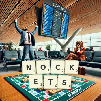 Creative illustration for a Scrabble game with the word NOCKETS spelled out in tiles on the board.