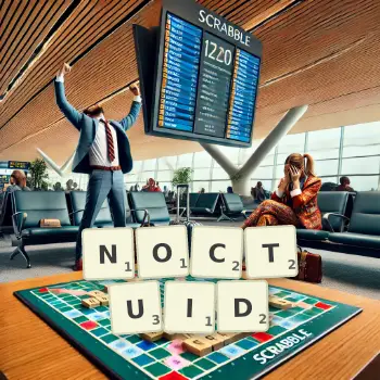 Creative illustration for a Scrabble game with the word NOCTUID spelled out in tiles on the board.