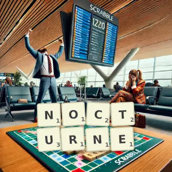 Creative illustration for a Scrabble game with the word NOCTURNE spelled out in tiles on the board.