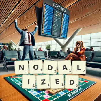 Creative illustration for a Scrabble game with the word NODALIZED spelled out in tiles on the board.