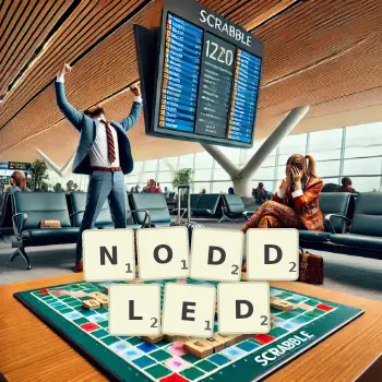 Creative illustration for a Scrabble game with the word NODDLED spelled out in tiles on the board.