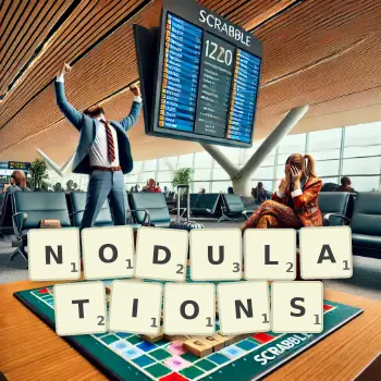 Creative illustration for a Scrabble game with the word NODULATIONS spelled out in tiles on the board.