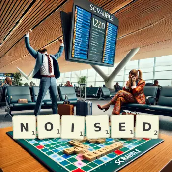 Creative illustration for a Scrabble game with the word NOISED spelled out in tiles on the board.