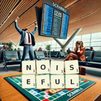 Creative illustration for a Scrabble game with the word NOISEFUL spelled out in tiles on the board.