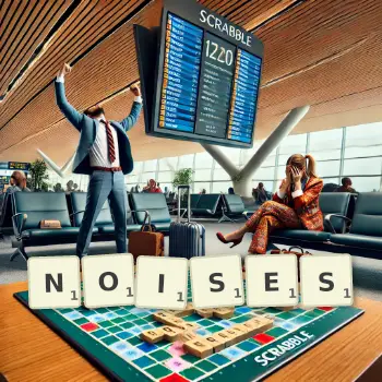 Creative illustration for a Scrabble game with the word NOISES spelled out in tiles on the board.
