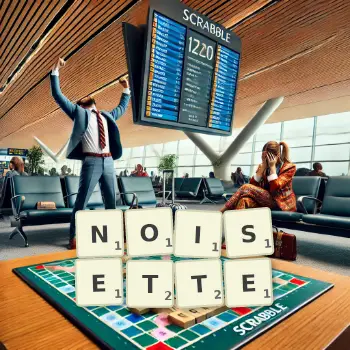 Creative illustration for a Scrabble game with the word NOISETTE spelled out in tiles on the board.